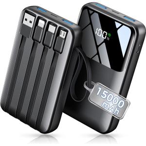 Power Bank, 15000mAh Portable Charger with Built in Cable, 22.5W Fast Charging, 6 Outputs, Slim Travel Essential Battery Pack with LED Display, Compatible with iPhone 17/16/15/14/13, iPad Black