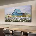 Anolyfi Blue Barn Picture Farmhouse Canvas Wall Art Highland Cow and White Flowers Landscape Textured Painting Large Scenery Artwork Framed for Living Room Bedroom Bathroom Office Home Decor 40"x 20"