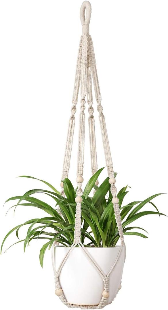Mkono Macrame Plant Hanger Indoor Hanging Planter Basket with Wood Beads Decorative Flower Pot Holder No Tassels for Indoor Outdoor Boho Home Decor 35 Inch, Ivory, Set of 1 (POT NOT Included)