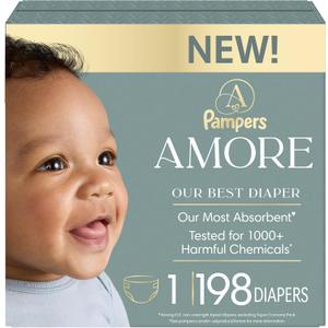 Pampers Amore, Size 1 (8-14 lbs), 198 Count, Our Best Diaper Hypoallergenic & Fragrance Free, Up to 100% Leakproof, Soft as Cashmere