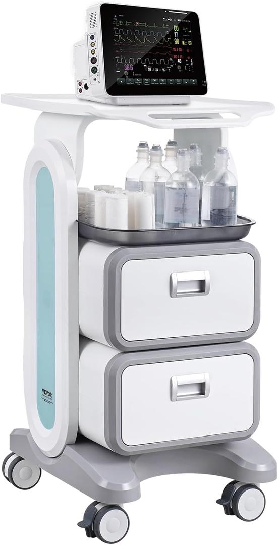 VEVOR 3 Tiers Lab Carts, Lab Utility Cart with 2 Drawers & 1 Top Tray, Mobile Medical Cart with ABS Material, Lab Rolling Cart with 4 Silent Wheels for Lab, Clinic, Hospital, Salon, White