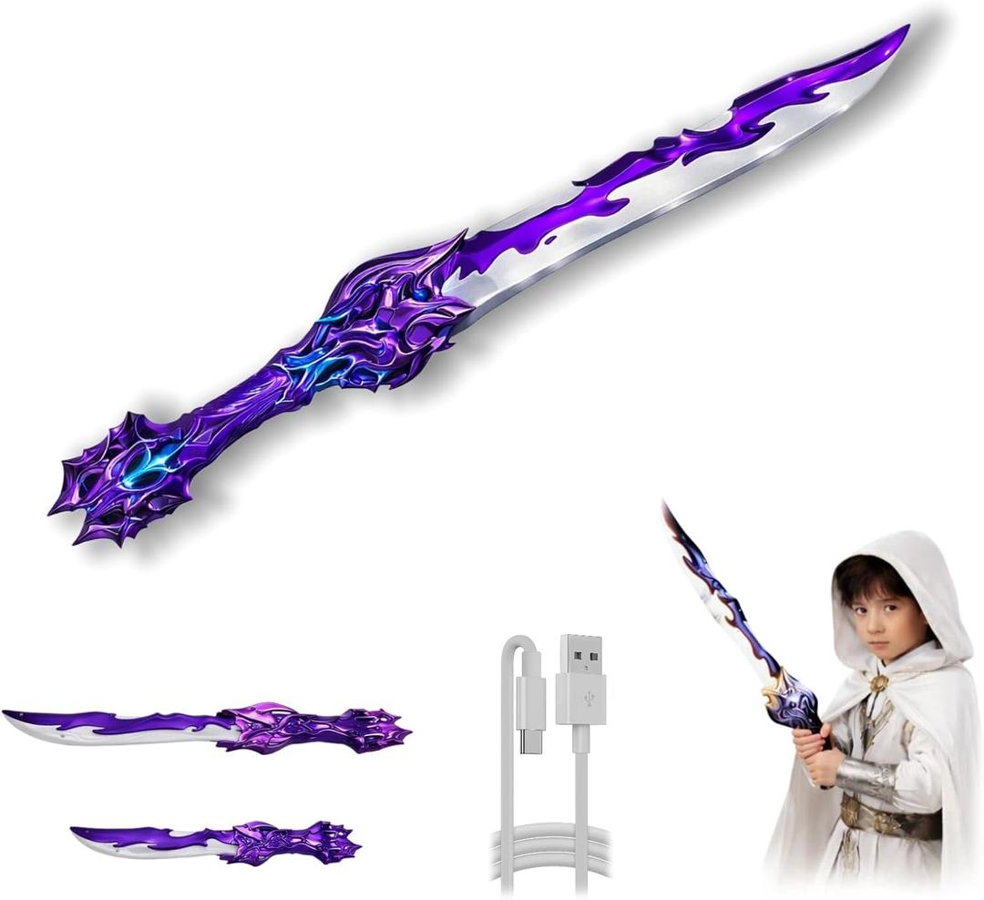 Light Up Toy Sword for Kids, Rechargeable Foldable Glow Sword with 7 Color Modes, Sound Effects, USB-C Charging, Fantasy Role Play Toy, Ages 6+