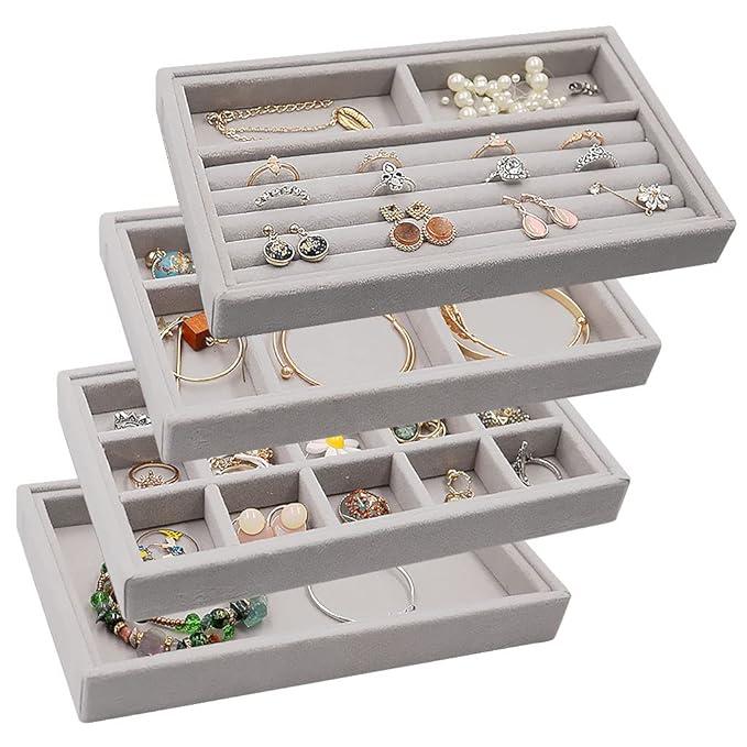 MINGRI Jewelry Earring Organizer Holder Stackable Jewelry Display Trays, Velvet Jewelry Drawer Inserts Trays, Box Ring Holder Necklace Case, Jewelry Storage for Bracelet Brooch Watch, Set of 4,Gray