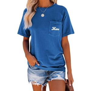 NIUBIA Women's Letter Print Basic Crew Neck Tee Summer Short Sleeve T-Shirt with Pockets Loose Fitting Tops (Large, Blue)