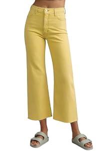 Allimy Women's Summer High Waisted Straight Ankle Wide Leg Ripped Jeans Frayed Hem Stretchy Cropped Capri Pants for Women Trendy Gold Yellow Size 10