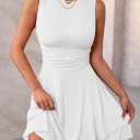 MEROKEETY Women's 2026 Summer Sleeveless Ruffle Mini Dresses | Pleated Ruched Waist, Cute Short Dress, Party Cocktail Dresses, Graduation Dresses 2026, Flowy Hem (White, L)