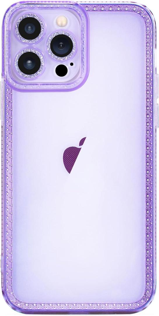 for iPhone 13 Pro Max Case Cute Clear Bling Crystal Diamond Phone Case, with Sparkle Camera Len Protector Soft TPU Cover Case for Women Girls, Purple
