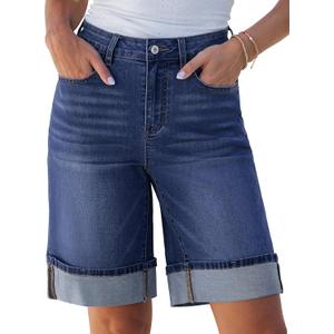 luvamia Jean Bermuda Shorts for Women High Waisted Knee Length Cuffed Long Stretchy Denim Shorts Loose Summer Jorts, Medium