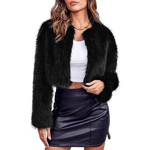 Danedvi Women's Fashion Cropped Faux Fur Jacket Long Sleeve Open Front Cardigan Casual Fluffy Parka Shaggy Short Coat Black, Medium
