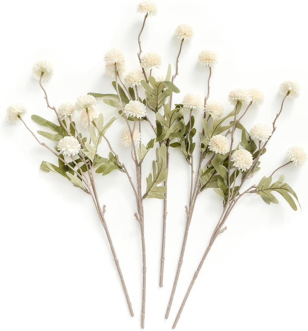 Ling's moment Pompon Mum Artificial Flower, 5pcs Faux Silk Mini Chrysanth with Stems, Bulk Fake Wedding Filler Flowers for DIY Bouquet Centerpieces Arrangements Shower Decorations, White