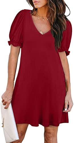 Aloodor Women's Casual Dresses Short Sleeve V-Neck Dress with Pockets, Large