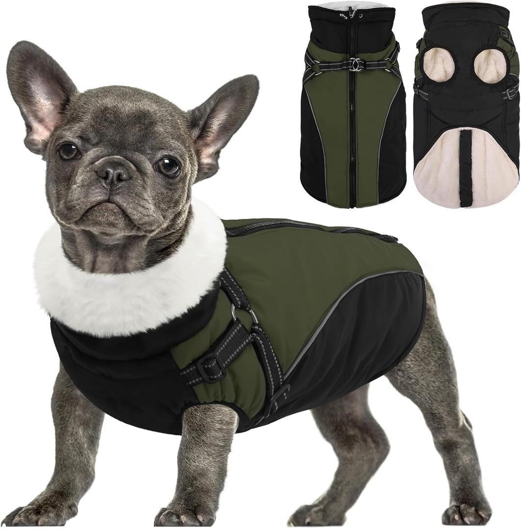 Queenmore Large Dog Jacket with Harness Built-in, Winter Coat for Large Dogs, Warm Puffer Winter Jacket, Cold Weather Waterproof Windproof Snow Parka Coat - Zipper Adjustable, Green/Black L