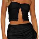 CSDAJIO Women's 2 Piece Outfits Sheer Mesh Split Front Strapless Tube Crop Top and Ruffle Mini Skirt Set, S