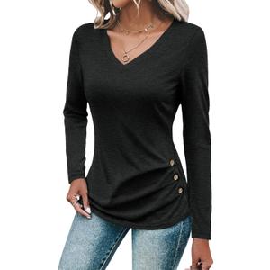 Womens V Neck Long Sleeve T Shirts Ruched Tops Casual Loose Fit Tees Fall Fashion Outfits 2025 (Black, XXL)