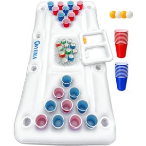 NAYUNA Floaty with Cooler & 20 Party Cups - Inflatable Pool Table Summer Party Pool Games Accessories for Adults 6 Feet Inflatable Pool Lounge Float, 4 Ping Pong Balls, 20 Cups
