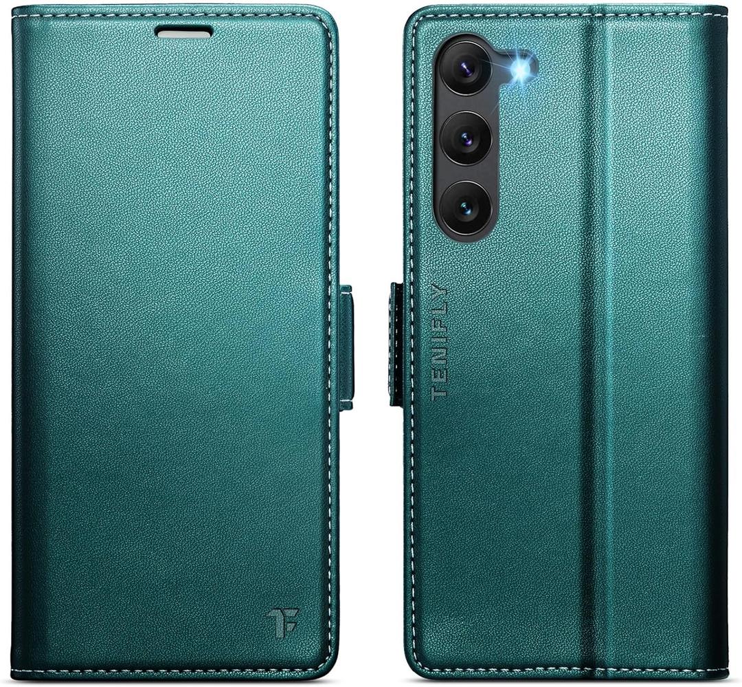 for Samsung Galaxy S23 Case Wallet with RFID Blocking Card Holder, PU Leather Kickstand Protective Flip Phone Cover Fit for Galaxy S23 6.1", Bluish Green