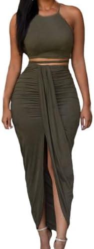 HUUSA Women's Sexy 2 Piece Skirt Sets Elegant Bodycon Maxi Dress Sleeveless Tank Shirt Tops High Waist Ruched Slit Long Dress M