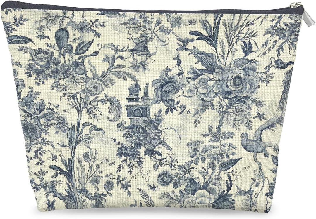 Vintage Chinoiserie Floral Makeup Bag Gifts for Women, Blue and White Floral Cosmetic Bag, Grandmillennial Toile de Jouy Aesthetic Zipper Makeup Pouch Travel Toiletry Bags