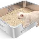 Low Entry Litter Box for Senior or Disabled & Injured Cats, Stainless Steel High Sided Enclosed Easy Step in Entry-Large Metal Kitty Litter Box for Kittens, Odor Control (23.6x15.7x5.9)