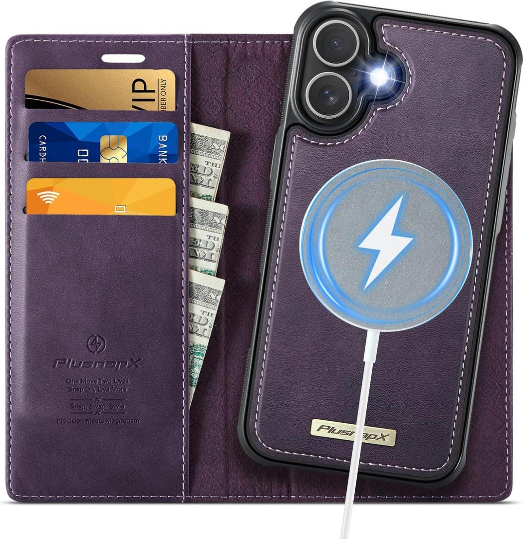 Wallet Case for iPhone 17 Compatible with Magsafe, 2-in-1 PU Leather Flip RFID Blocking Card Holder Stand Shockproof Magnetic Detachable Cover for iPhone 17 Case 6.3", Retro Purple