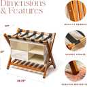 Fully Assembled Walnut Bamboo Folding Luggage Rack for Guest Room, 26.75" Folding Suitcase Stand with Removable Laundry Bag & Storage Shelf, Heavy Duty Foldable Luggage Stand for Bedrooms, Hotels, Airbnbs Holds 215lb