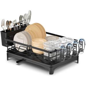 Pukomc Dish Drying Rack, Stainless Steel Iron Dish drainers for Kitchen Counter with Cutlery & Cup Holders,Over The Sink Dish Drying Rack,Large,Black