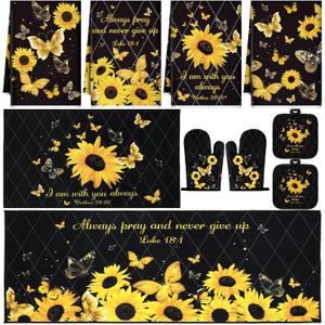 10 Pcs Sunflower Butterfly Kitchen Dish Towels Rugs Oven Mitts and Pot Holders Set Farmhouse Kitchen Decor Set for Women Mom Daughter Gift Cooking Baking Grilling (Bright Black)