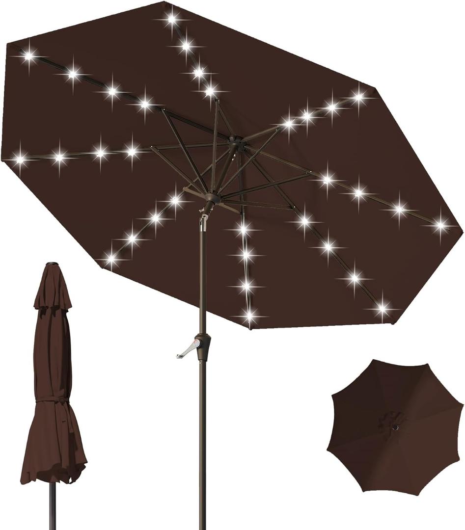 9FT Patio Umbrella with Solar Lights,Outdoor Market Umbrella with Tilt and Crank, LED Lighted Table Umbrella for Garden,Deck,Backyard,Pool,Beach (Brown)