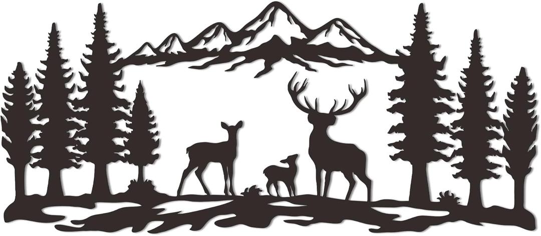 Slickss Deer Wall Art, Rustic Deer decor with Mountain & Forest, Hunting Lodge Cabin Decor, Wilderness Themed Metal Art