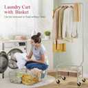 Tajsoon Laundry Cart with Hanging Rack, Metal Rolling Laundry Cart with Wheels and Storage Basket, Silver, 23.62" x 20.78" x 9.84"