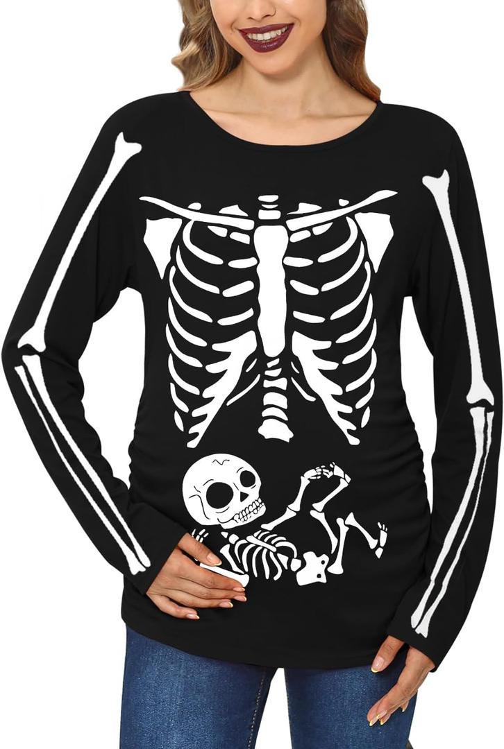 Halloween Women's Pregnant Pregnancy Maternity Costume Funny Breastfeeding Shirt Skull Skeleton Baby M