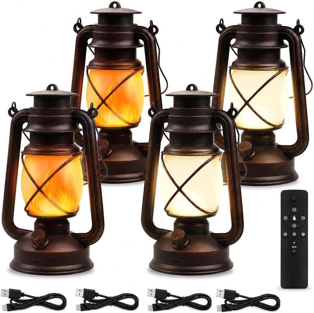 Rechargeable LED Lanterns 4 Pack, USB Charging Vintage Bronze Camping Lamps with Flickering Flame, Remote Control 4 Modes Hanging Lights for Patio Garden Porch Backyard Indoor Outdoor Halloween Decor