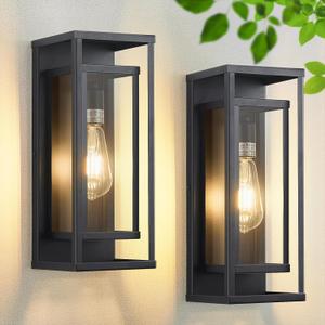 14" Outdoor Wall Lights Fixtures, Black Exterior Lighting Fixtures, Waterproof Outdoor Wall Lantern Modern Front Porch Lights with Clear Glass Coach Lights for Garage, Porch, Front Door 2-Pack