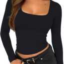 ForeFair Women Square Neck Long Sleeve Going Out Tops Tight Double Lined Basic Tees Shirt (Medium, Black)