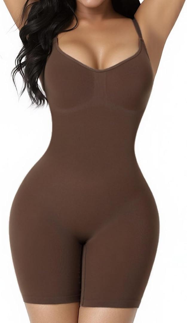 Shapewear Black Bodysuits for Women Tummy Control Leotards Full Body Shaper Spaghetti Strap Camisole Mid Thigh Butt (Brown, L)