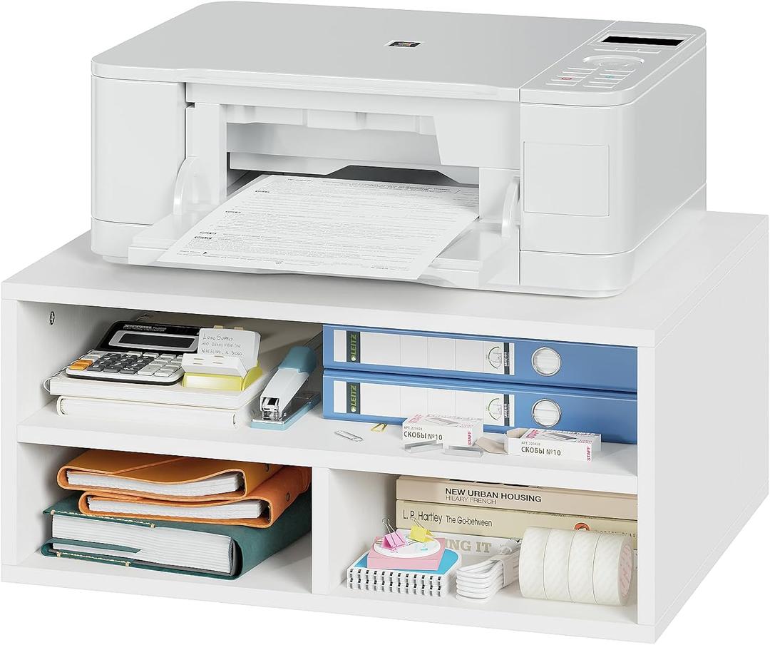 ALISENED Printer Stand for Desk, 2-Tier Wooden Desk Organizer, White, 18.5x14.5x8.26 Inches