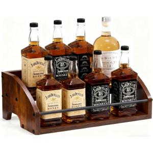 Wooden Liquor Bottle Display Shelf, 2 Step Countertop Liquor Wine Rack, Coffee Syrup Rack Organizer Mini Bar Home Retro Bar Shelf Stand for Liquor Whiskey, Spirits