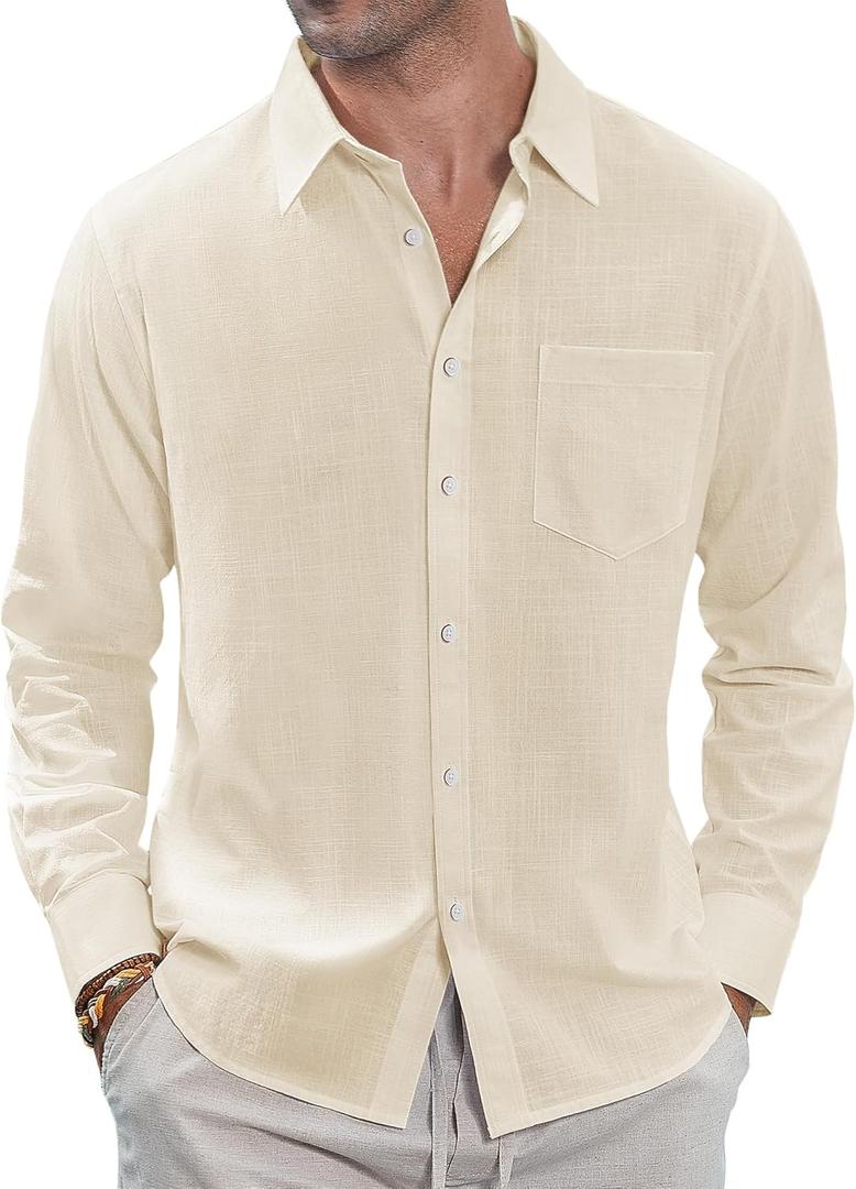 J.VER Men's Linen Shirts Casual Button Down Long Sleeve Shirt Solid Spread Collar Summer Beach Shirts with Pocket (XX-Large, Beige)