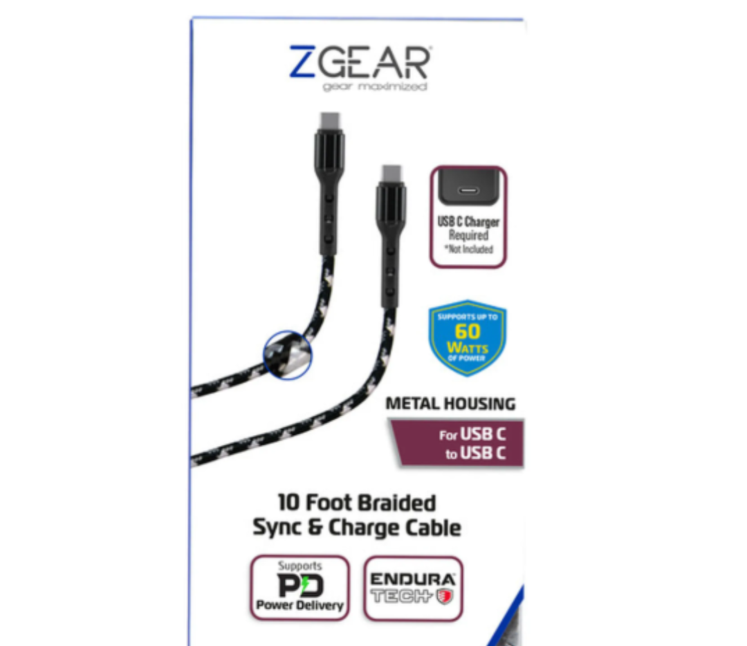 ZGEAR 10FT USB-C to USB-C Braided Cable - Black / Silver