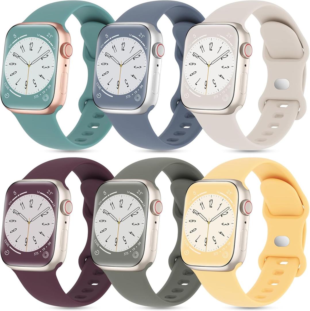 6 Pack Silicone Sport Bands Compatible with Apple Watch Band 38mm 40mm 41mm 42mm 44mm 45mm 46mm 49mm Women Men, Soft Strap Waterproof Wristband for iWatch Series 10 9 8 7 6 5 4 3 2 1 Ultra SE (Cactus/Blue Grey/Starlight/Dark Cherry/Olive/Sunglow)