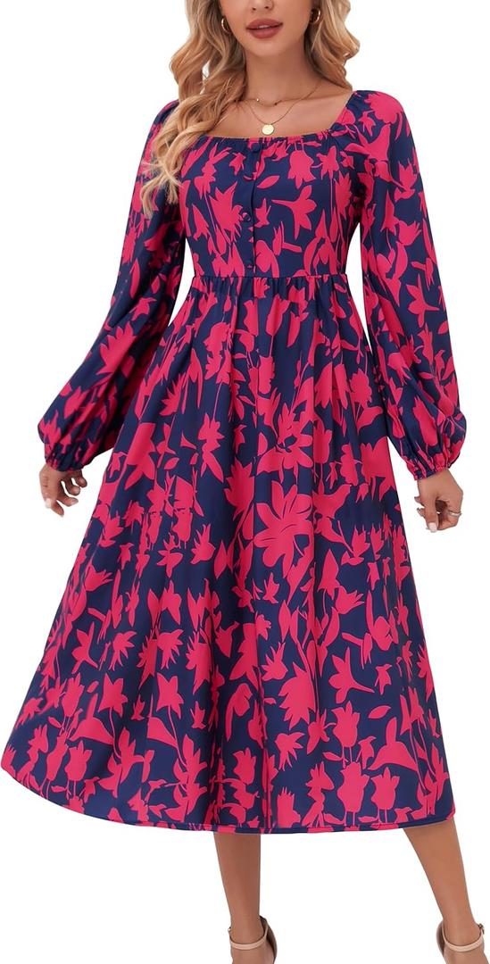 Women's Long Sleeve Button Decor Dress Boho Flowy Square Neck Maxi Dress 2025 Fall Casual Trendy Dresses (XL)