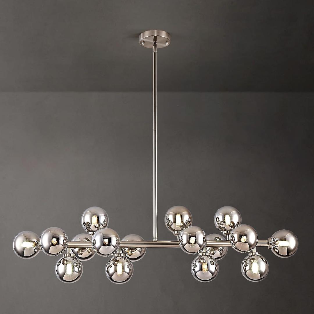 Modern Sputnik Globe Chandelier, 16-Light Mid Century Light Fixture Over Table, Nickel Linear Chandeliers for Dining Room and Kitchen Island (Smoke Grey Glass Bubble Shades, 40 Inch) (Nickel with Somke Grey Lampshad)