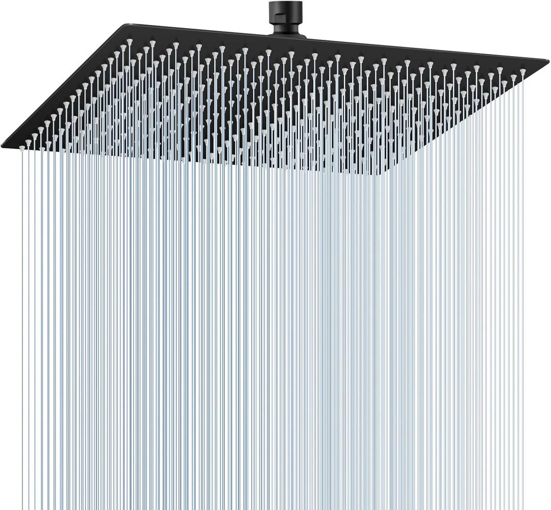 16 inch Matte Black Large Rain Shower Head - All Metal 304 Stainless Steel, Full Body Rainfall Shower with 324 Silicone Nozzles - Waterfall Bathroom Square Showerheads, Ceiling Mounted