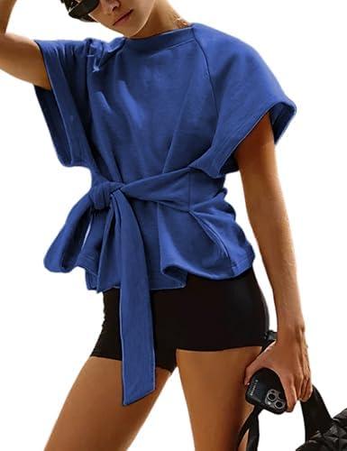 Zhiyouni Women's Summer Short Sleeves Tee T Shirt Crewneck Tie Knot Tops Sweatshirt L