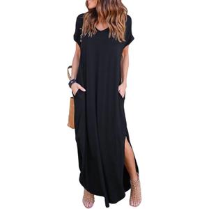 HUSKARY Women's Summer Maxi Dress Casual Loose Pockets Long Dress Short Sleeve Split Maxi Dresses (Medium, Black)