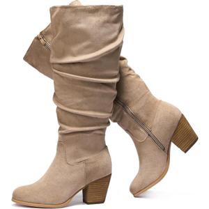 Luoika Women's Extra Wide Calf Slouchy Knee High Boots, Wide Width Knee-High Boots Low Stacked Heel Side Zipper Winter Fall Tall Boots. (Beige204)