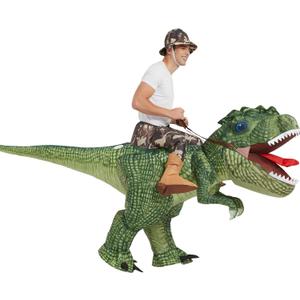 One Casa Inflatable Costume Dinosaur Riding T Rex Air Blow up Funny Party Halloween Costume for Adult Green