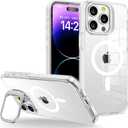 for iPhone 15 Pro Case Clear with Kickstand and Screen Protector - Wireless Charging Compatible,21ft Military-Grade Drop TestedShockproof Slim Fit Magnetic Crystal Cover - White