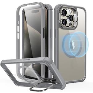 ESR for iPhone 15 Pro Max Case with Stand, Compatible with MagSafe, Full-Body Military-Grade Drop Proof Case with Built-in 9H+ Tempered Glass Screen Protector, Armor Series, Clear Grey
