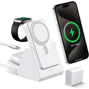 3-in-1 Wireless Charging Station: Portable 10000mAh Power Bank Charger Compatible for Phone Air/17/16/15/14/13/12 Series and Watch - Detachable Magnetic Charging Stand White